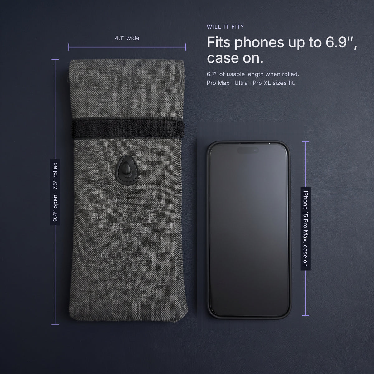 Sleeve 9.4 x 4.1 inches next to an iPhone 15 Pro Max with case