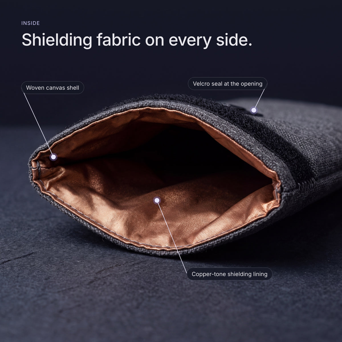 Inside the sleeve: copper-tone shielding lining and velcro seal