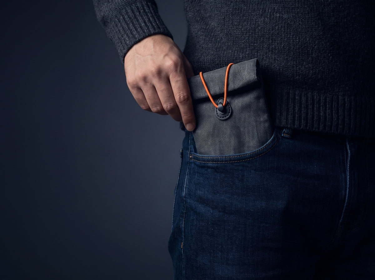 Sealed sleeve slipped into a jeans pocket