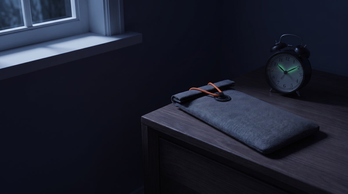 Sealed sleeve on a nightstand at night next to an alarm clock