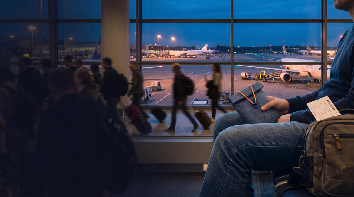 Traveler at a busy airport gate holding the sealed UnTrack sleeve